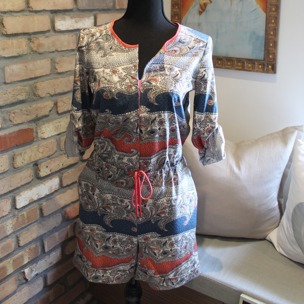 BCBG Paisley Patchwork Romper | Size XXS | Drawstring Waist | Like New